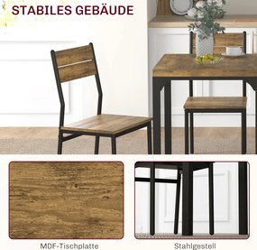 HOMCOM Zestaw Stołowy 3-częściowy, Stolik i 2 Krzesła, MDF+Metal, Brązowy