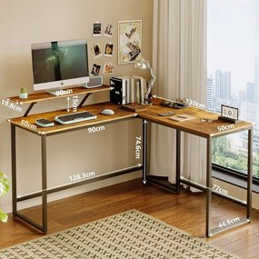 Biurko Narożne Komputerowe 130 cm z Półką – Rustykalny Brąz, Industrial Loft