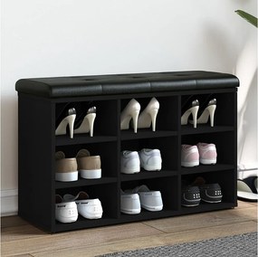 Czarna ławka na buty 82x32x50 cm z drewna inżynieryjnego z wygodną poduszką z ekoskóry i dużą przestrzenią do przechowywania