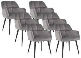 Zestaw 6 krzeseł PEGA – z podłokietnikami – welur i metal – kolor szary