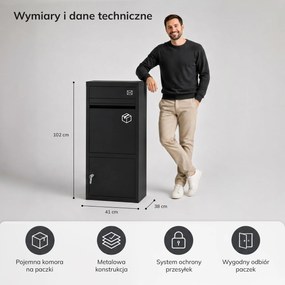 Skrzynka na paczki kurierskie i listy metalowa, zewnętrzna, zamykana, czarna Paczkobox PAT
