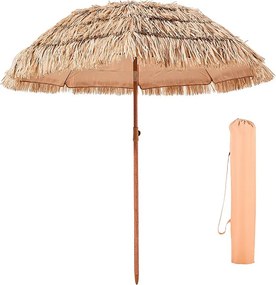 Hawajski Parasol SucceBuy, 1,8 m Egzotyczny Parasol z Regulowanym Nachyleniem i Dachcem ze Słomy PP, 8 Metalowych Żeber, do Plaży, Tarasu, Basenu, Ogrodu