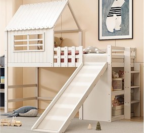 Łóżko dziecięce 90×200 cm - z drabiną bezpieczeństwa - ze zjeżdżalnią - ze schowkiem - białe (materac nie jest zawarty)