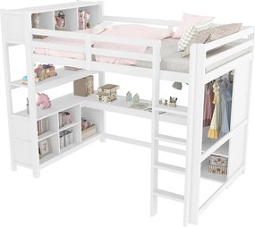 Łóżko mezzanine 140x200 cm - z przechowywaniem - z biurkiem i szafą - biały (materac nie jest w zestawie)