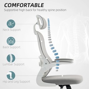 HOMCOM Ergonomiczny Fotel Biurkowy z Siatkowym Oparciem, Wysokość Regulowana, Składane Podłokietniki, 5 Kółek, Funkcja Bujania, Szary