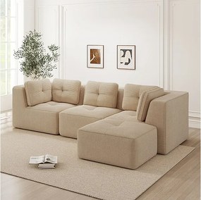 Canapé 3 places modulable, avec pouf et coussins, en velours côtelé, Beige, 297x177x69cm