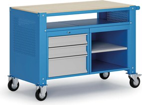 Mobilny stół warsztatowy G9, 2 półki, 3 szuflady, 1180 x 595 x 865-1130 mm, szary/niebieski