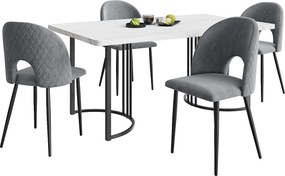 Zestaw do jadalni, stół-140×80×75cm z 4 krzesłami z regulowanymi nogami, MDF+metal+aksamit, czarny+biały+szary