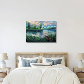 Obraz na szkle - Obraz na szkle olejny, Wczesny letni wieczór nad jeziorem (70x50 cm)