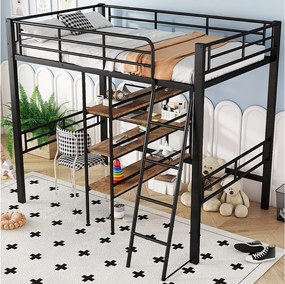 Łóżko antresolowe 90 x 200 cm - Łóżko dziecięce z biurkiem i półką do przechowywania - czarne - bez materaca