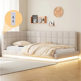 Sofa rozkładana 90x200 cm, beżowy aksamit, łóżko dziecięce z oświetleniem LED i portem USB, stelaż z listew - bez materaca