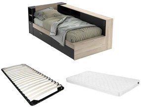 Łóżko  90 x 190/200 cm ze schowkami - Czarny i naturalne drewno + Stelaż + Materac - LIARA