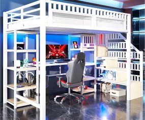 Łóżko na antresoli 140x200 cm - Zintegrowana drabina z pojemnikami - Wbudowane biurko - Listwa LED + port USB - biały (materac nie jest wliczony w cenę)