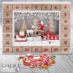 Spielwerk Drewniany kalendarz adwentowy ŚWIĘTY MIKOŁAJ z oświetleniem, 35x6x27cm, biała/brązowa