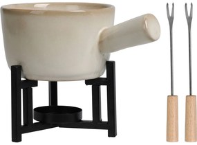 Zestaw do fondue serowego, rondelek z porcelany, 2 widelce