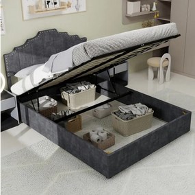 Łóżko z pojemnikiem 160x200 cm, łóżko dla dorosłych z miękkim zagłówkiem i stelażem - aksamit - szare (bez materaca)