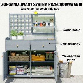 Outsunny Stół do sadzenia z szafką na zewnątrz, drewno, szafka ogrodowa z ocynkowaną powierzchnią roboczą, 2 szuflady, 104x44x140 cm jasnoszary | Aosom PL