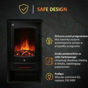 HOMCOM Elektryczny Kominek z Realistycznymi Płomieniami, 2 Poziomy Ogrzewania, Ochrona przed Przegrzaniem, Stal, Czarny, 44,5 x 32 x 74cm