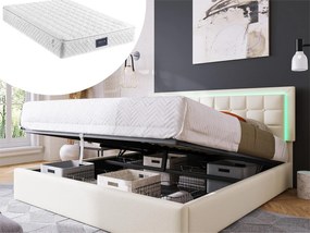 Łóżko ze schowkiem 160 x 200 cm - skóra ekologiczna - diody LED - stelaż listwowy - białe + materac