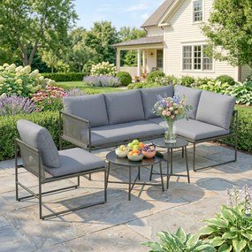 Outsunny Zestaw mebli ogrodowych lounge, 4-5 osób, kanapa dwuosobowa, stolik, krzesło, grube poduszki, siatkowe siedziska | Aosom PL