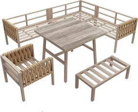 Zestaw mebli ogrodowych - z liną - z galwanizowanej stali, regulowane nogi, narożna sofa, 1 fotel, 1 stołek, beżowy