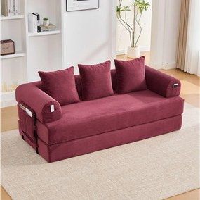 Sofa 3-osobowa rozkładana - 200 x 94 x 67 cm - z kieszeniami bocznymi + 3 poduszki - aksamit - czerwona