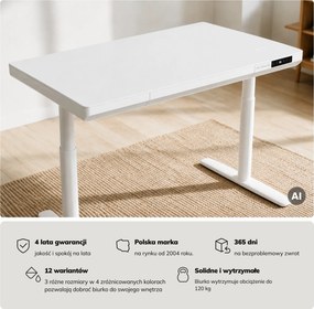 Biurko elektryczne sit-stand z szufladą i ładowarką bezprzewodową Qi białe, 1200 mm: ELLIS