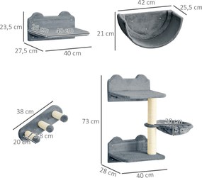 PawHut Zestaw do Wspinaczki dla Kotów, Hamak, Drapak, Platformy, Plusz, Sizal, Szary