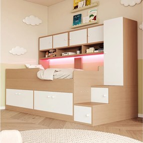 Łóżko dziecięce drewniane - 90 x 200 cm - z pojemnikiem + półki + szafa + oświetlenie LED + barierka ochronna - naturalne