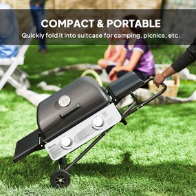 Outsunny Grill gazowy 5,6 KW z wózkiem wliczając 2 palniki ze stali nierdzewnej, składane boczne półki, kółka 101 x 50 x 102 cm Czarny