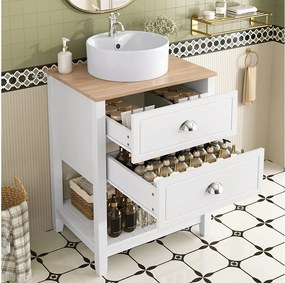 Szafka łazienkowa z umywalką ceramiczną - 60 x 45 x 91 cm - z 2 szufladami i półką - MDF - biały + naturalny