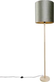 Drewniana lampa podłogowa z zielonym aksamitnym abażurem 40 cm - Mels
