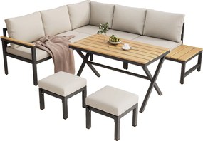 Zestaw mebli ogrodowych modułowych ze stali ocynkowanej 4-częściowy - sofa narożna i 2 stołki + stolik kawowy - beżowy