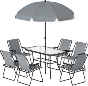 Outsunny Zestaw Mebli Ogrodowych 119 x 68 cm Stół ze Szkła z 6 Składanymi Krzesłami Parasol Wzór Wodny Szary | Aosom PL