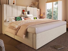 Tapicerowane łóżko z pojemnikiem 160x200cm - z ukrytym schowkiem na kubki - z portami USB i Type-C - z stelażem lamelowym - Len - Beżowy (bez materaca)