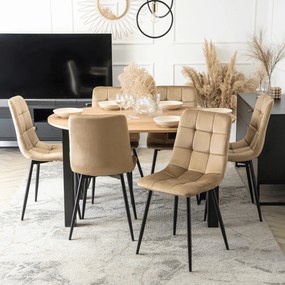 Zestaw Stół Okrągły Rozkładany HARRY 102-142 cm Dąb Craft/Czarny i 6 Krzeseł PERU Beżowych Welurowych Nowoczesnych