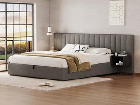 Łóżko 180x200cm z tkaniny lnianej - z 2 stolikami nocnymi i stelażem na listwy - Szary