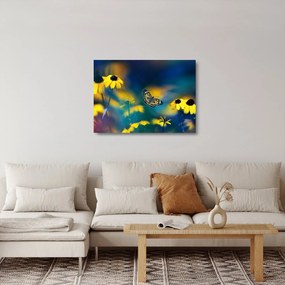 Obraz na szkle - Żółty motyl z kwiatami (70x50 cm)