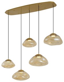 Lampa wisząca w stylu Hotel Chic mosiądz ze szkłem w kolorze bursztynowym 5-punktowa - GusElegancki hotelowy Oswietlenie wewnetrzne