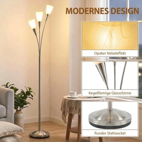 HOMCOM Lampa stojąca do salonu 40 W z włącznikiem nożnym, 3 x oprawka E14 do sypialni, biura, bez żarówek, srebrna | Aosom PL
