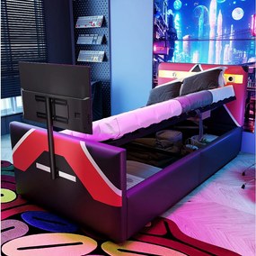 Łóżko dziecięce z pojemnikiem - 90 x 200 cm - z diodami LED + schowek hydrauliczny + zintegrowany stojak pod TV - PU - czarny + czerwony