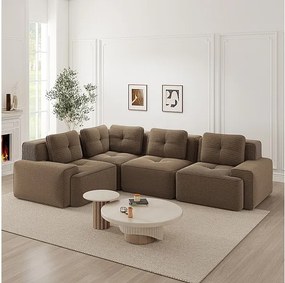 Canapé d'angle gauche modulable en velours côtelé - 4 places - avec 5 coussins - 382x177x69cm - Marron
