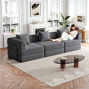 Szara sofa 3-osobowa - Prosta sofa z miejscem do przechowywania i 3 metalowymi stelażami - szenil