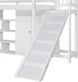 Łóżko mezzanine z drewna i MDF - 90x200 cm - z półkami, szafą i zjeżdżalnią - Białe