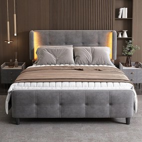 Łóżko tapicerowane dwuosobowe - 140 x 200 cm - z oświetleniem LED + regulowany zagłówek - aksamit - szary