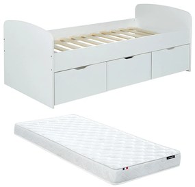 Łóżko LOUANE z 2 szufladami i 1 ze skrzynią na pościel – 90 × 190 cm – kolor biały, z materacem
