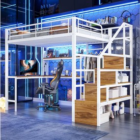 Metalowe łóżko piętrowe dla dzieci - 140 x 200 cm - z 2 szufladami + szafa + oświetlenie LED + biurko + drabinka - białe