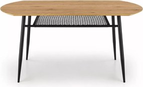 Zaowalony stół Vero 160 x 90 cm z eleganckim blatem w odcieniu złotego dębu i czarnymi nogami oraz półką pod blatem