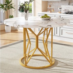 Okrągły stół jadalny dla 4-6 osób - D 100 x W 76 cm - Blat z płyty MDF marmurkowy i nogi metalowe w kolorze złotym - Biały + złoty