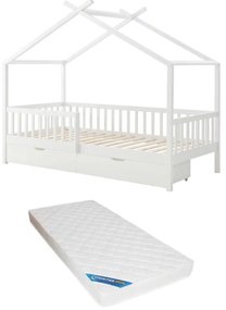 Łóżko domek 90 x 190 cm z szufladami - Drewno sosnowe i MDF - Biały + Materac - KIRALIO